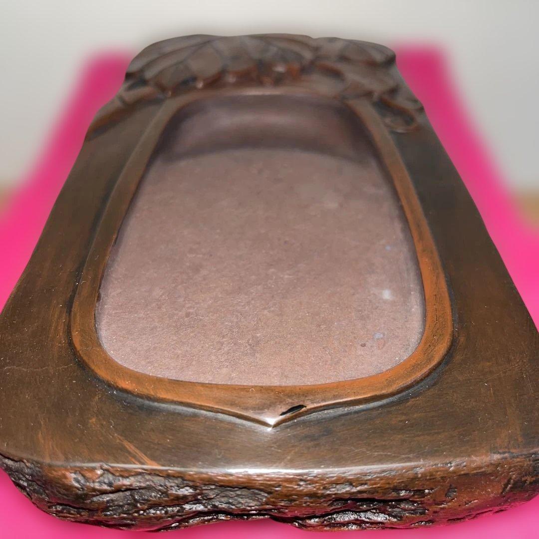 ⭕️赤間硯 龍泉堂 正隆 阿野硯製作所 蔦葉と蔓彫刻硯 珍しく縁内側高