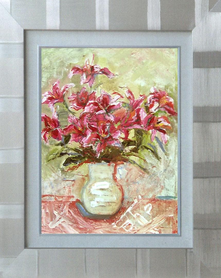 油絵 菅家令子 絵 絵画 インテリア 額付(黒) uF6-070902 花 ゆり