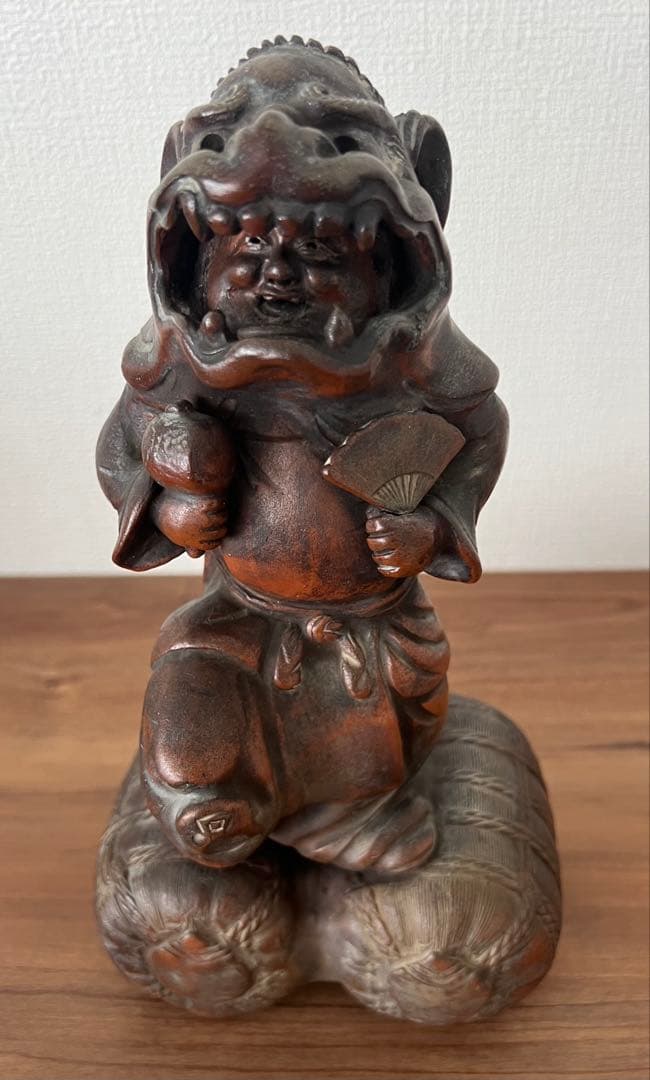 備前焼 獅子舞像置物 江戸末期頃 縁起物 大黒天 収納木箱付き