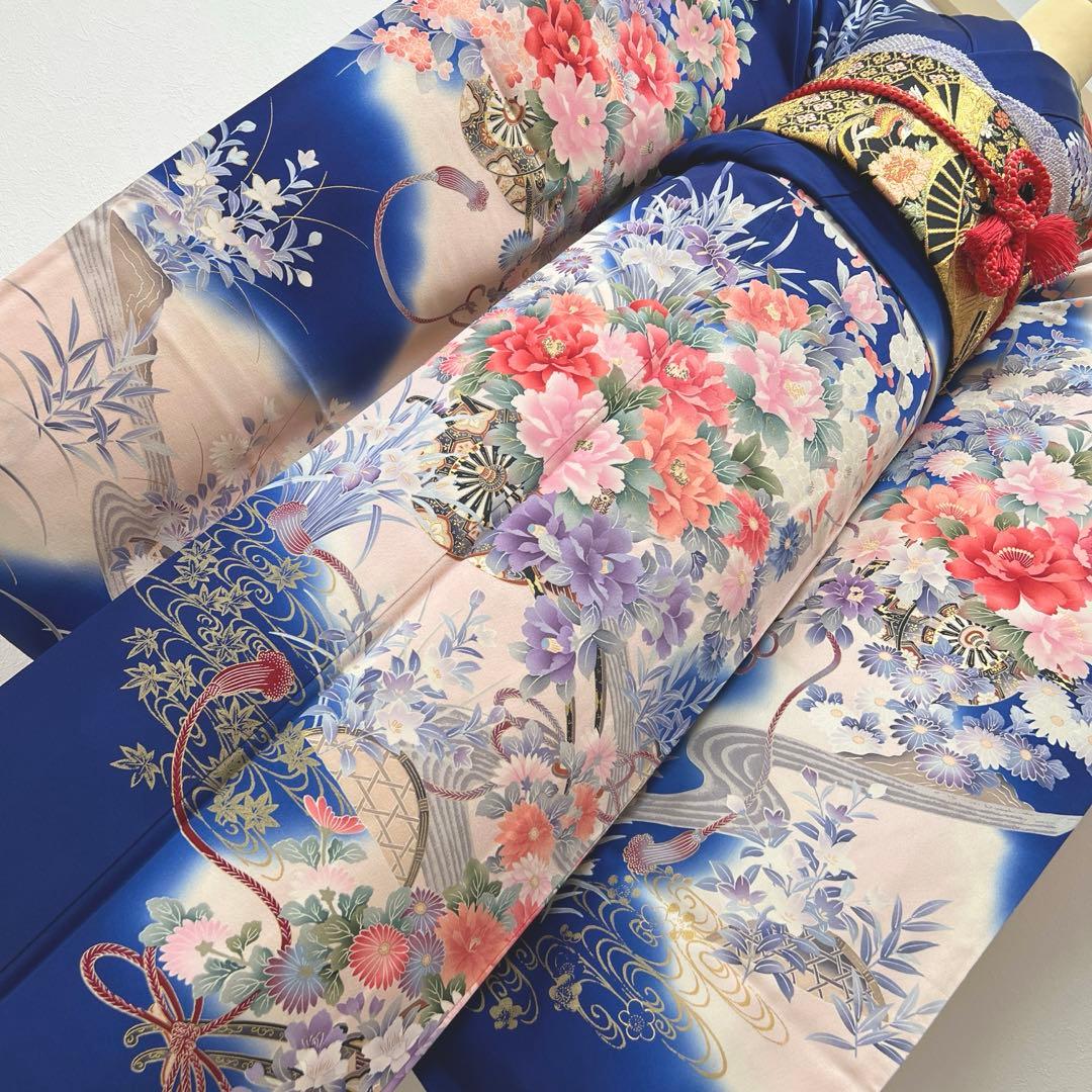 419 振袖フルセット 正絹 青 ブルー 金彩 刺繍 暈し染め
