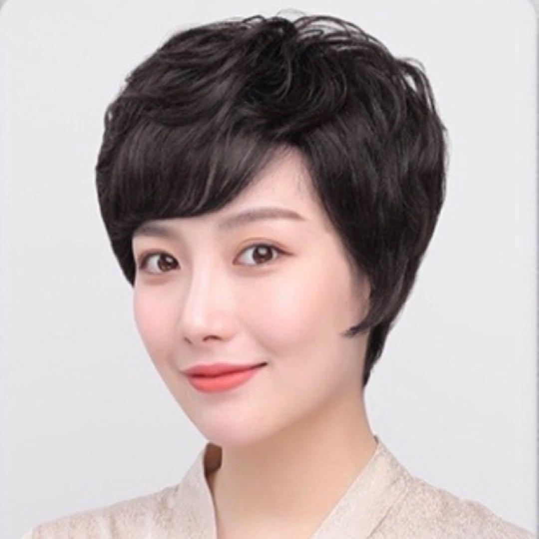 人毛100% 手植えフルウィッグ 医療ウィッグ ショートカール ブラック