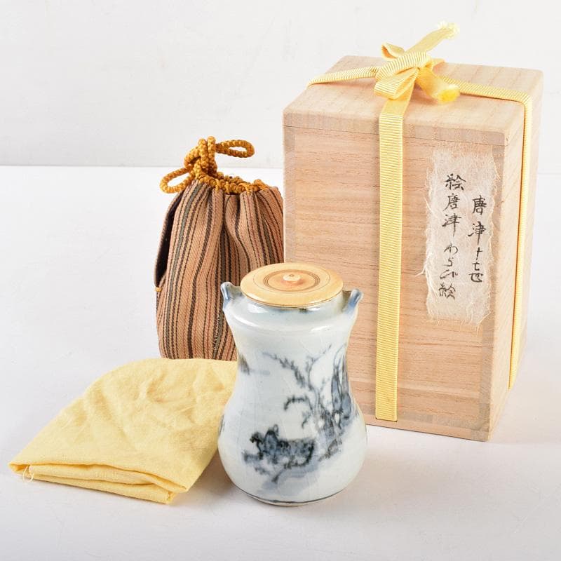 茶道具　唐津焼　絵唐津　山水人物文　甘手　茶入　時代箱付　M　R4981 茶道具 唐津焼 絵唐津 山水人物文 甘手 茶入 時代箱付 M R4981 絵唐津