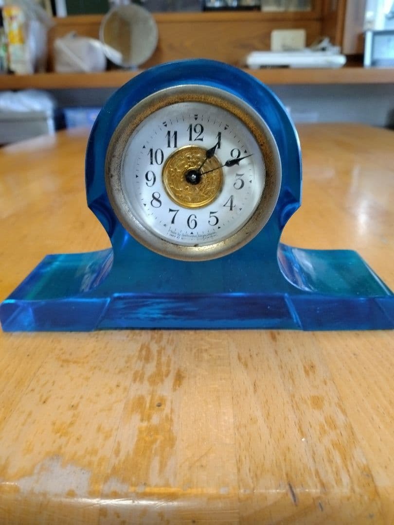 精工舎 青いウランガラス 置時計 ヴィンテージ 稼動品 ゼンマイ式