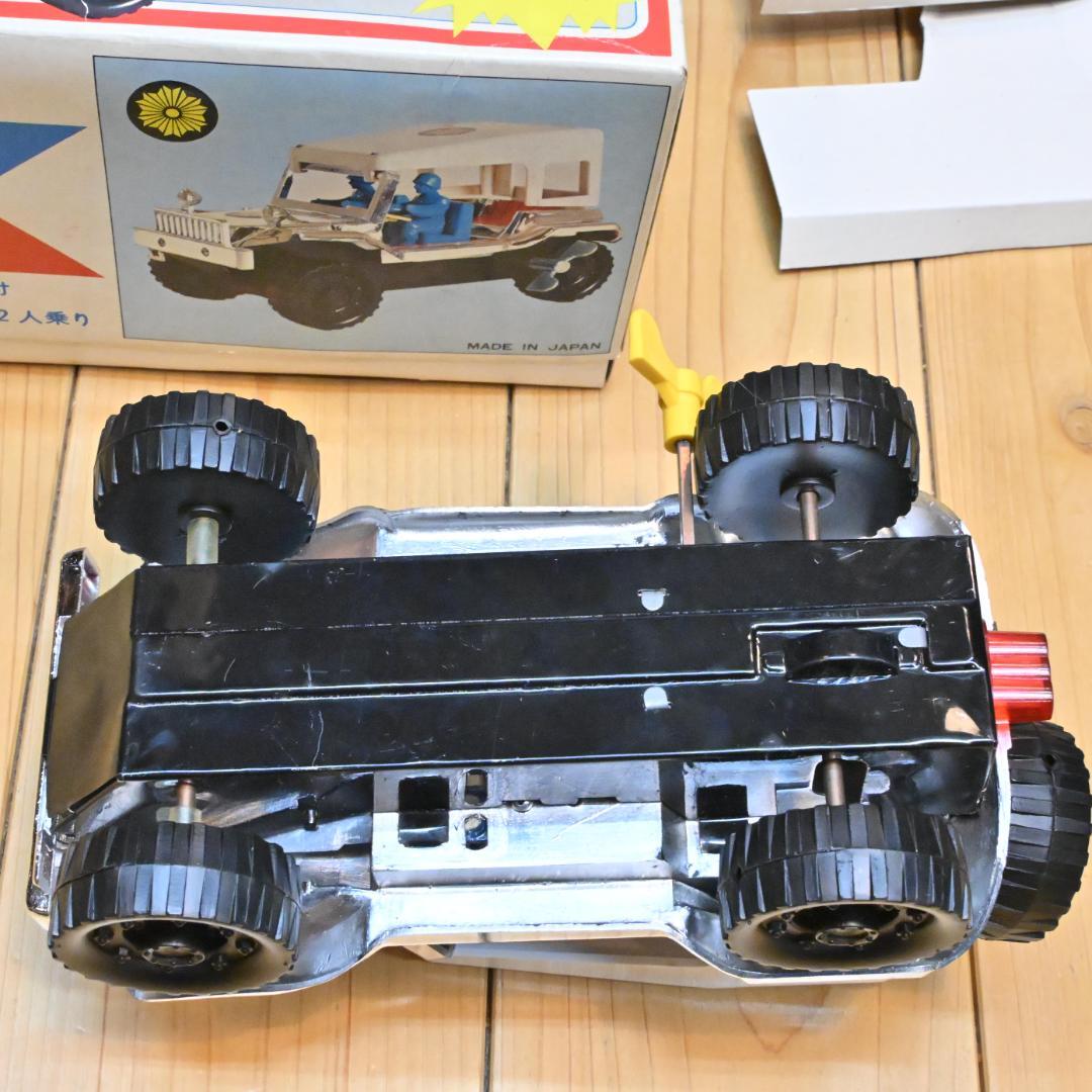 【新品】県警ジープ・ゼンマイシルバー発火付・動作確認済・昭和50年(昭和レトロ)