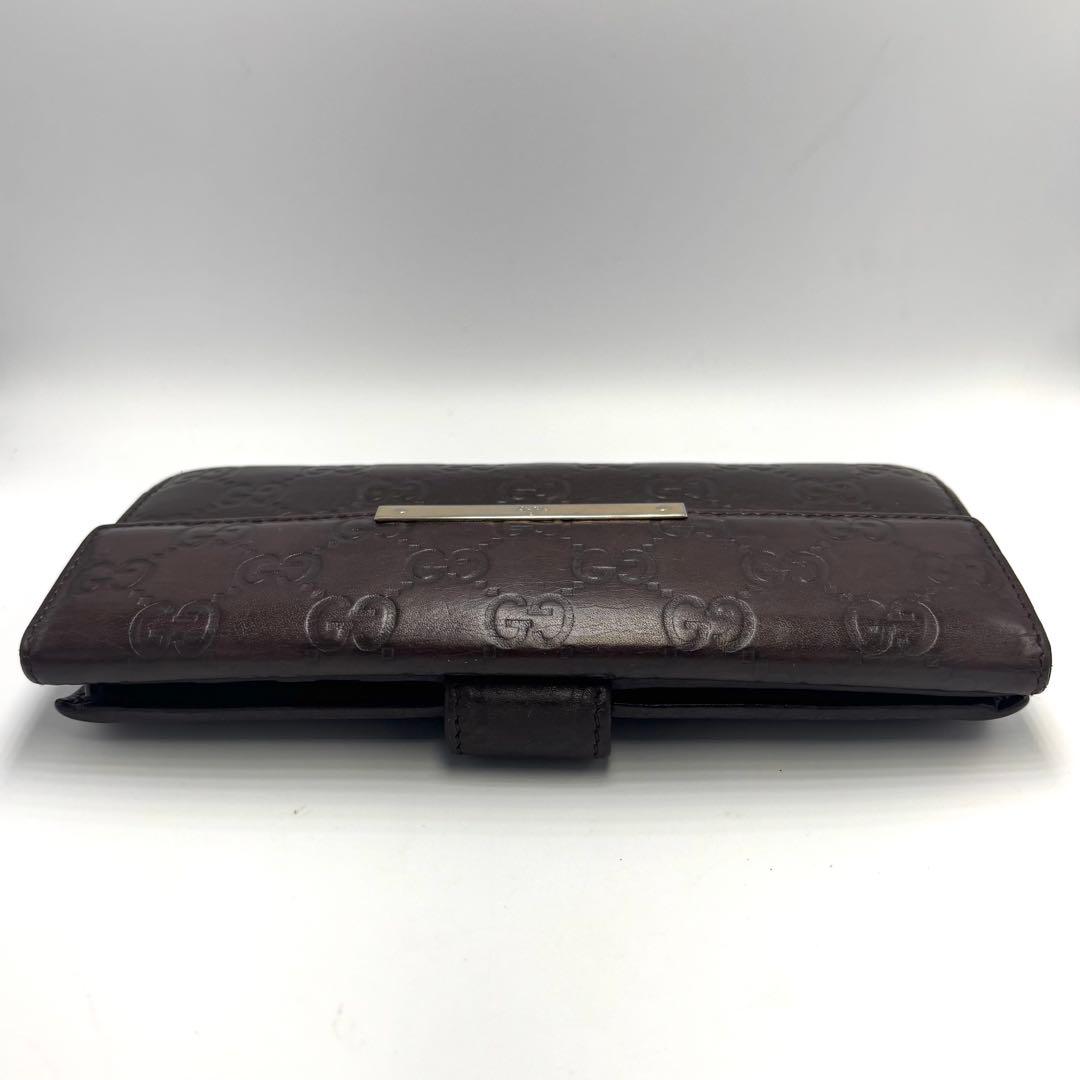 グッチ GG 長財布 シマ ブラウン シルバープレート レザー 本革　箱付き