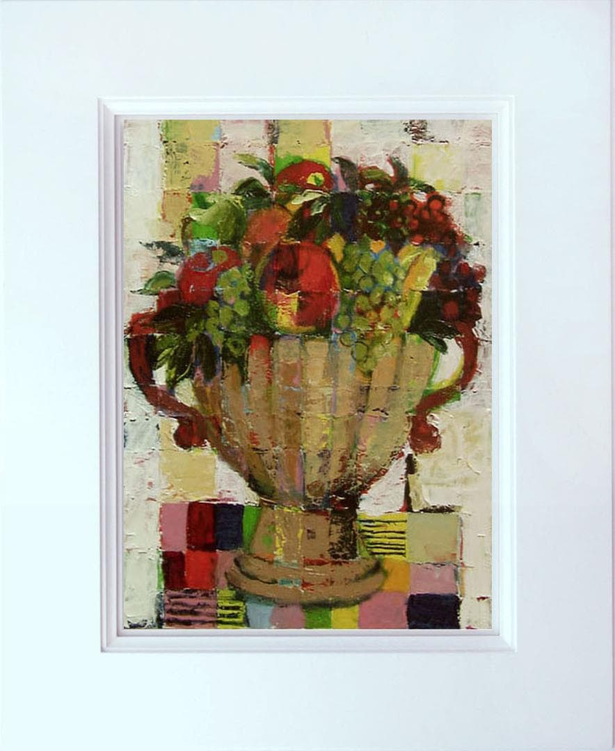 油絵 菅家令子 絵画インテリア 額付(青緑＋金色の枠 )uF6-113002果物