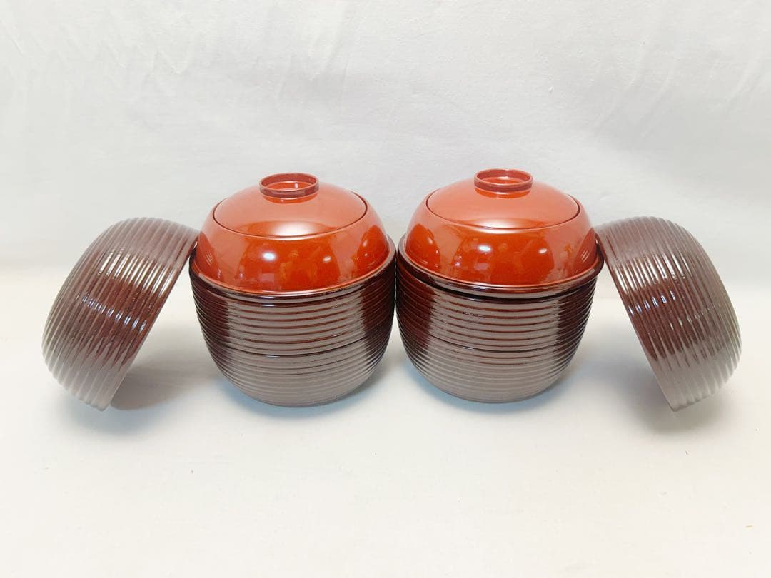 未使用 茶道具 木製溜塗 信玄三段弁当 2客 千筋 内朱 紙箱