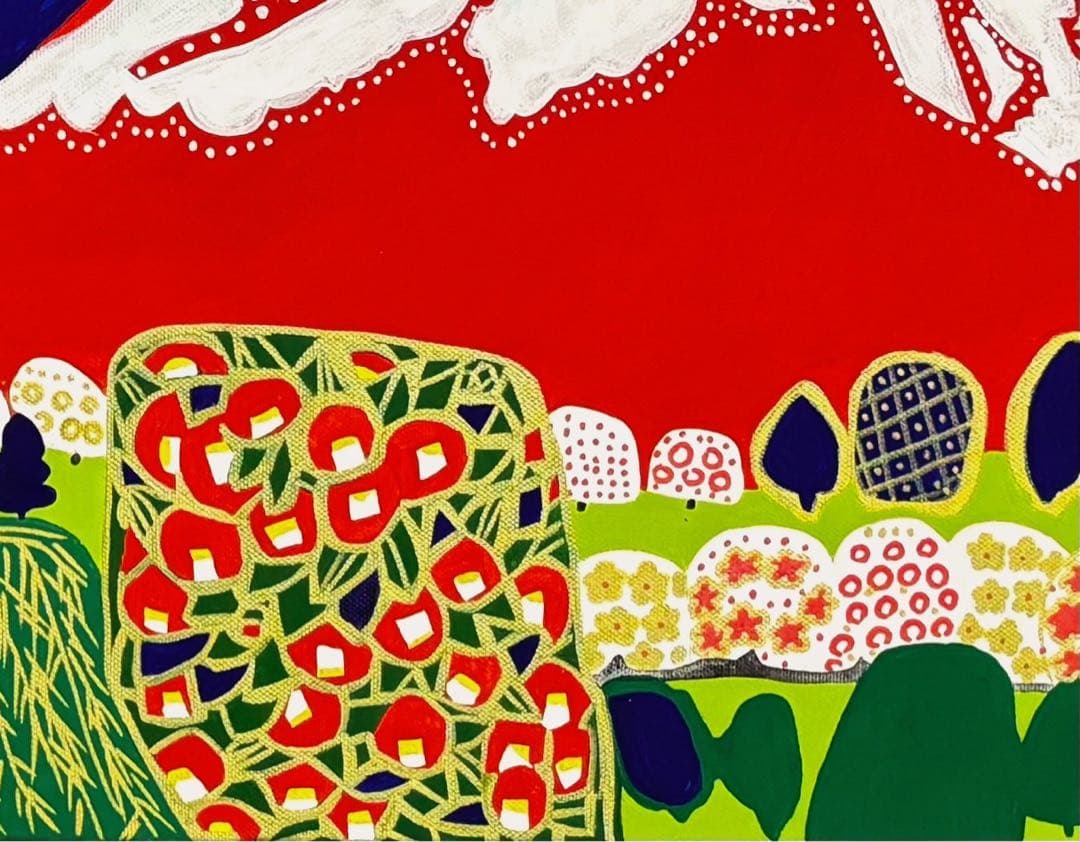 【F8号】手描き油彩画　片岡球子【花咲く富士】額縁　額装　サイン　落款　赤富士