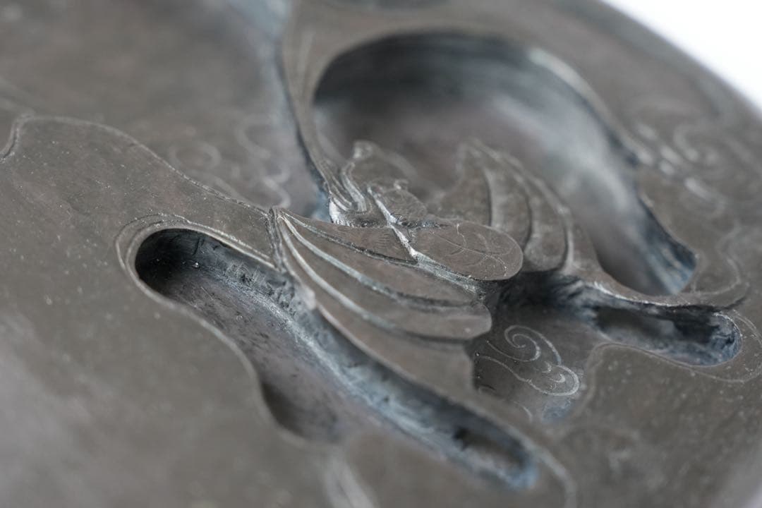 福 縁起物 蝙蝠文高彫 硯 眼 細工 コウモリ 雲海 年代美品 端渓 五福