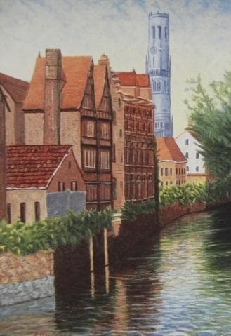 萩原立雄、【郷愁のブルージュ】、希少な額装用画集より、新品額装付