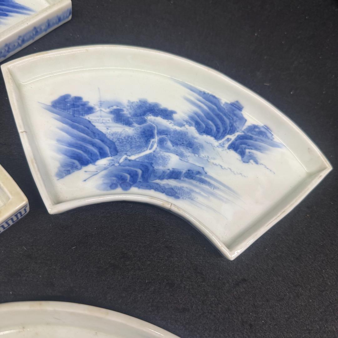 江戸時代 古平戸 染付山水文扇形 皿 7枚 古平戸か!?