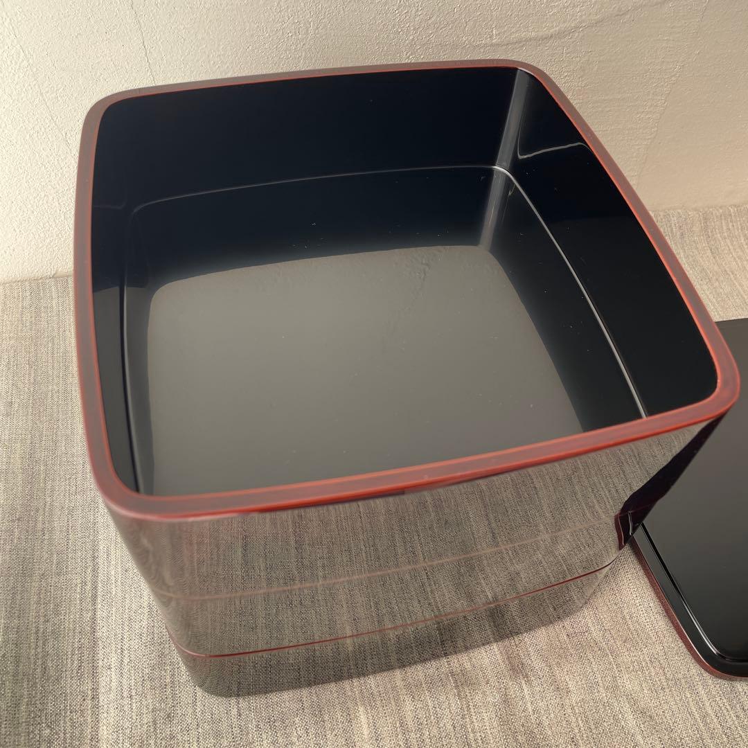 溜塗 木製 漆器 重箱 3段 19.5cm 黒　無地　胴張り