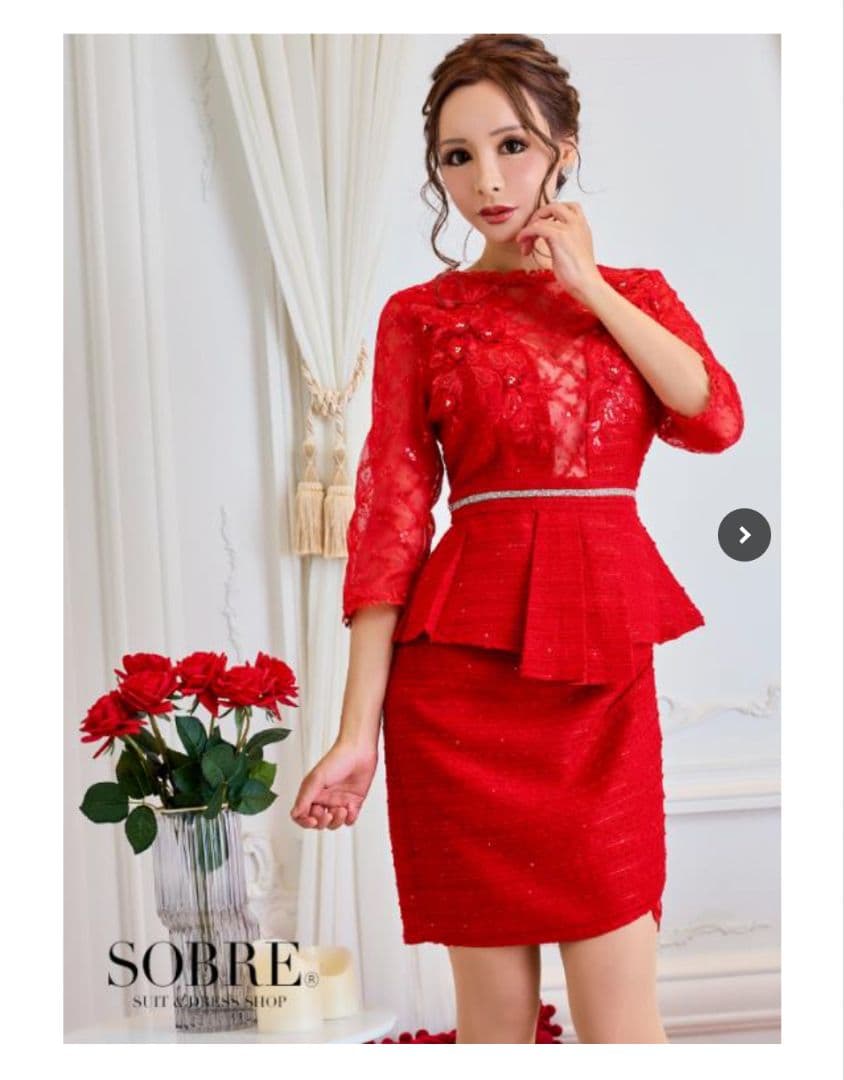 ソブレ 刺繍レースタックペプラムワンピース レッド XL