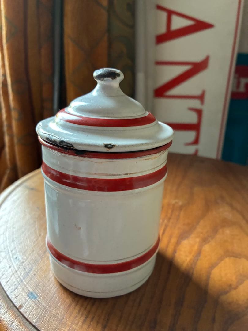 フランス アンティーク ホーロー キャニスター ホワイト レッドライン