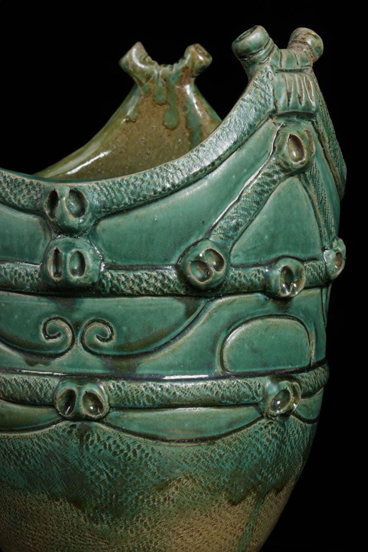 富久窯 井上富三】縄文写花瓶 共箱 高さ37㎝ 緑釉