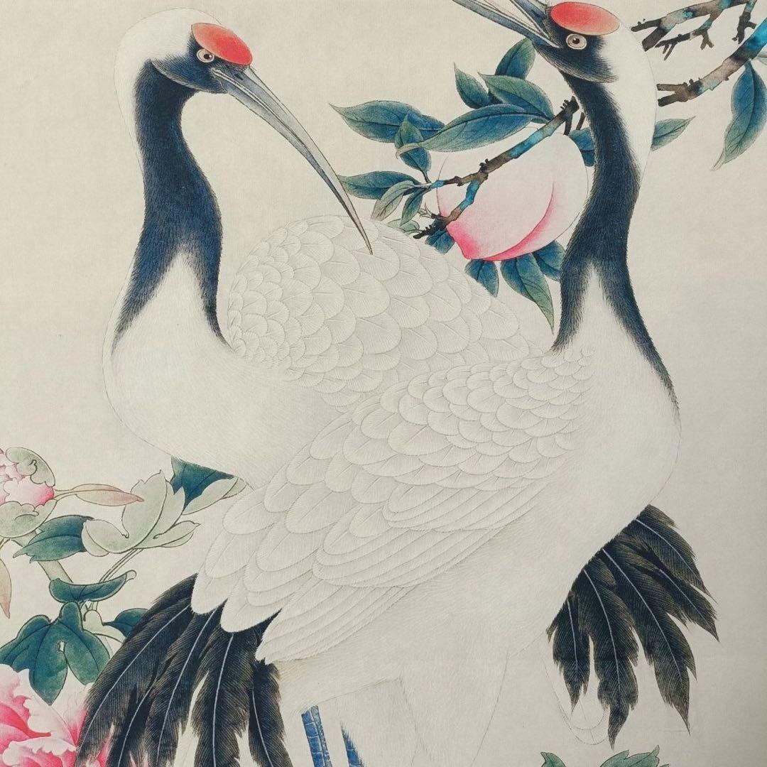 証書付】齐白石 贺寿图 三尺中堂／縁起良い丹頂鶴図／掛軸