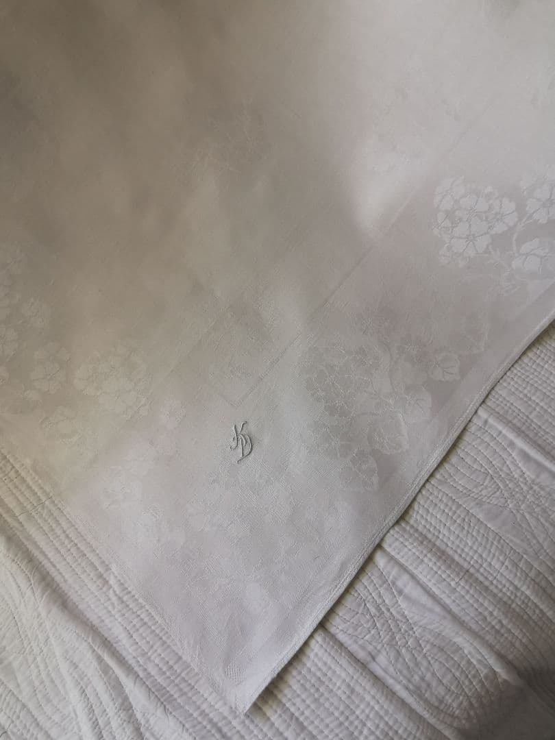 アンティーク ダマスク織 リネン 桜草 プリムラ 紫陽花風 イニシャル