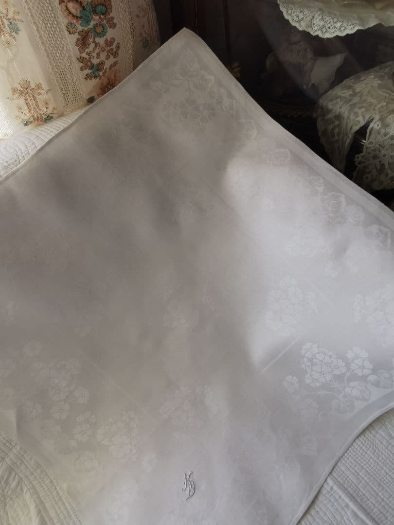 アンティーク ダマスク織 リネン 桜草 プリムラ 紫陽花風 イニシャル