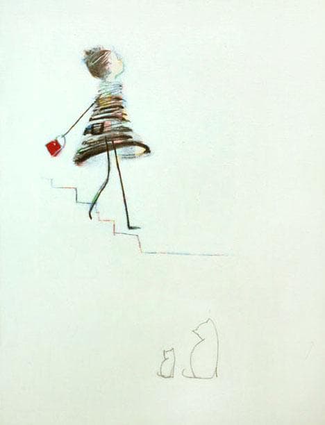 油絵菅家令子絵 絵画インテリア額付(青緑＋金色の枠)F4-040214猫親子女子