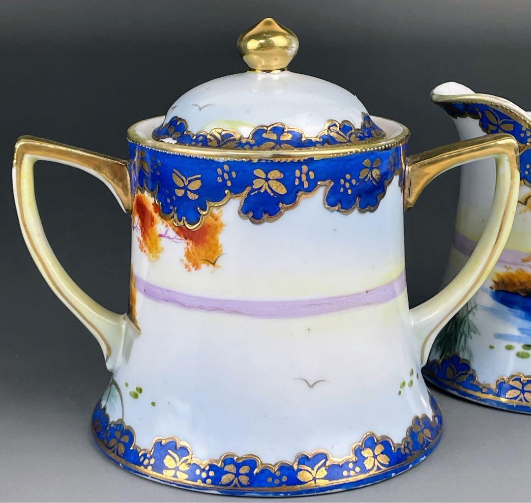 オールドニッポン カモメ 風景図 シュガーボウル クリーマー アールヌーボー