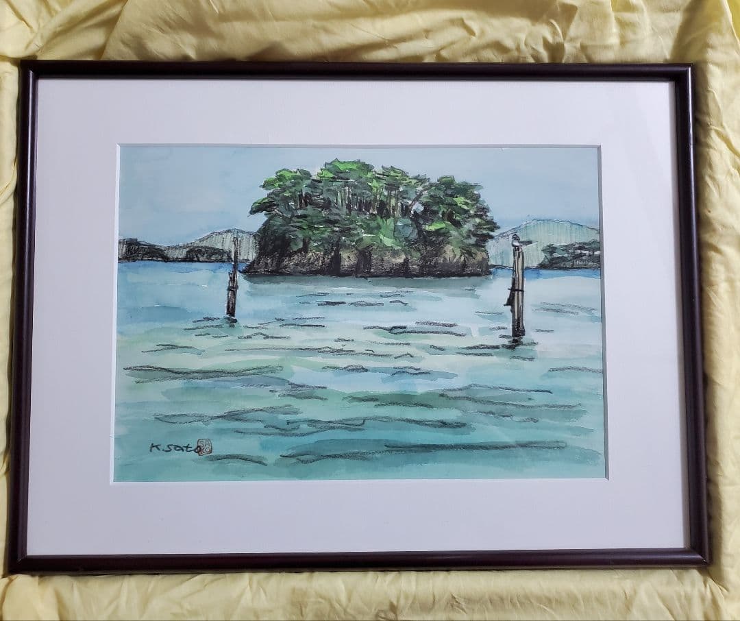 佐藤孝一　水彩画【雀島】宮城県松島町 福浦橋近　未使用保管品　真作　額装品