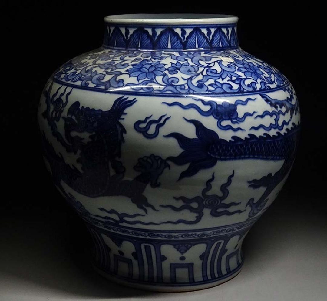 中国古玩 元染 染付 雲龍紋 大壺 高約29cm 唐物 時代物 c05390