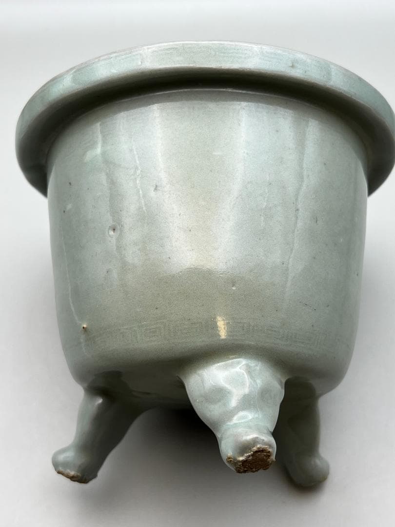 海】李朝 青磁香炉 陰刻回字文 時代物 骨董品 李朝美術品