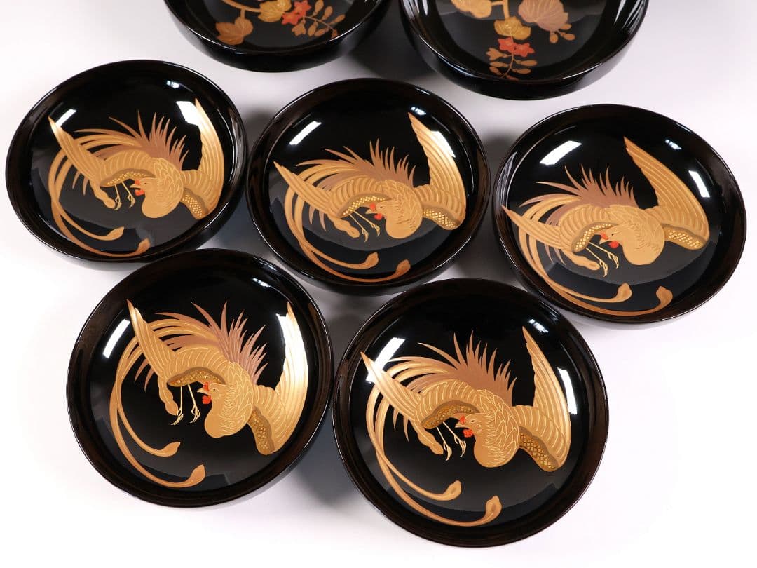 【CM402】天然木漆塗 菊桐鳳凰金蒔絵 黒塗 吸物椀 五客 昭和期 木製漆器