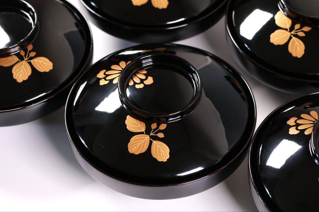 【CM402】天然木漆塗 菊桐鳳凰金蒔絵 黒塗 吸物椀 五客 昭和期 木製漆器