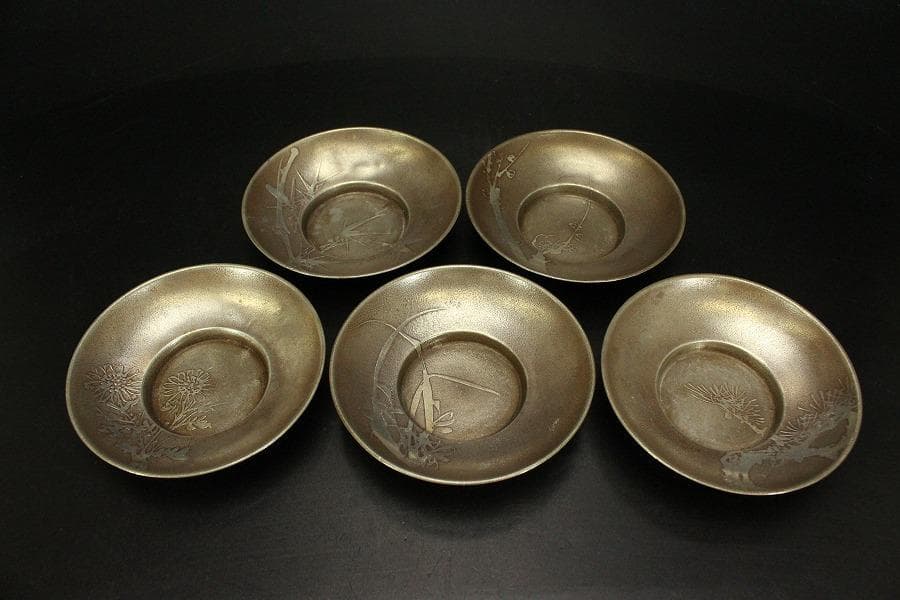 煎茶 錫茶托 四君子紋 円形 二種 十件 まとめて(A874)