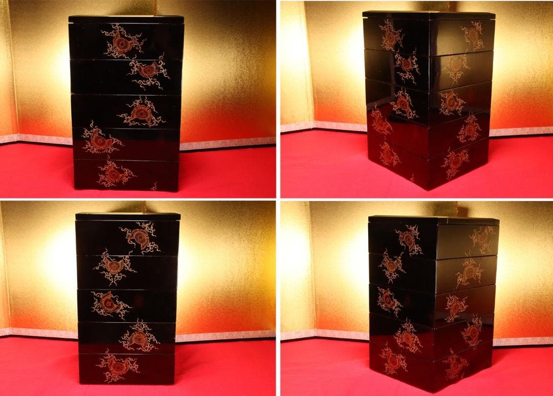 時代 輪島塗 五段重 金蒔絵 梨地 螺鈿 重箱 木製