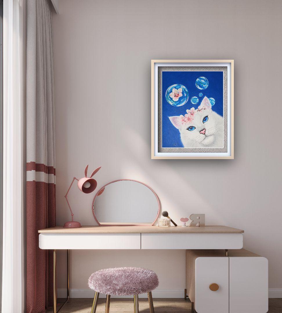 青い空さくら猫(キャンバス&アクリル絵の具)