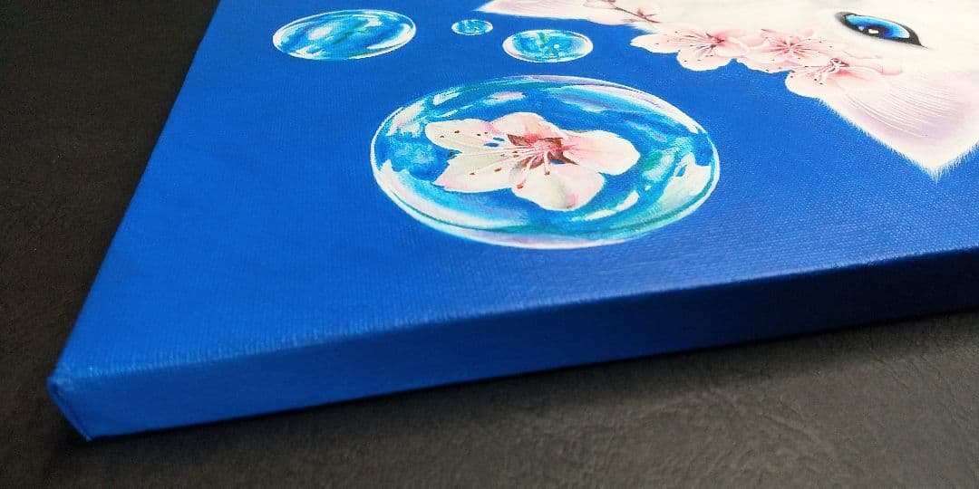 青い空さくら猫(キャンバス&アクリル絵の具)