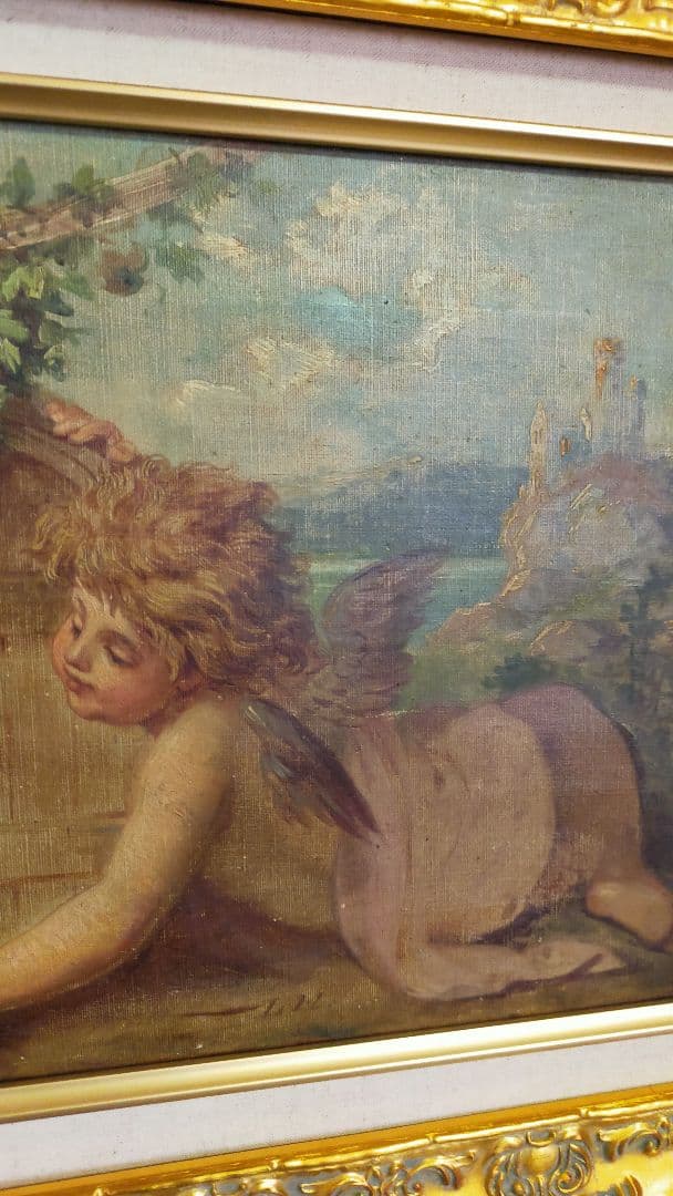 アンティーク油絵 子供と杯の絵 アンティーク油絵 子供と杯の絵