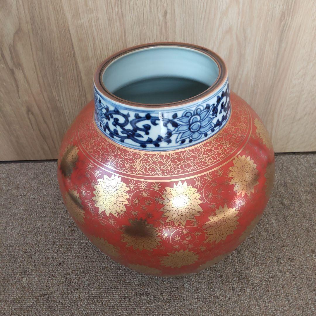九谷焼 洋山 夢幻 青粒金彩 陶器の花模様の壺 価値あり 九谷焼