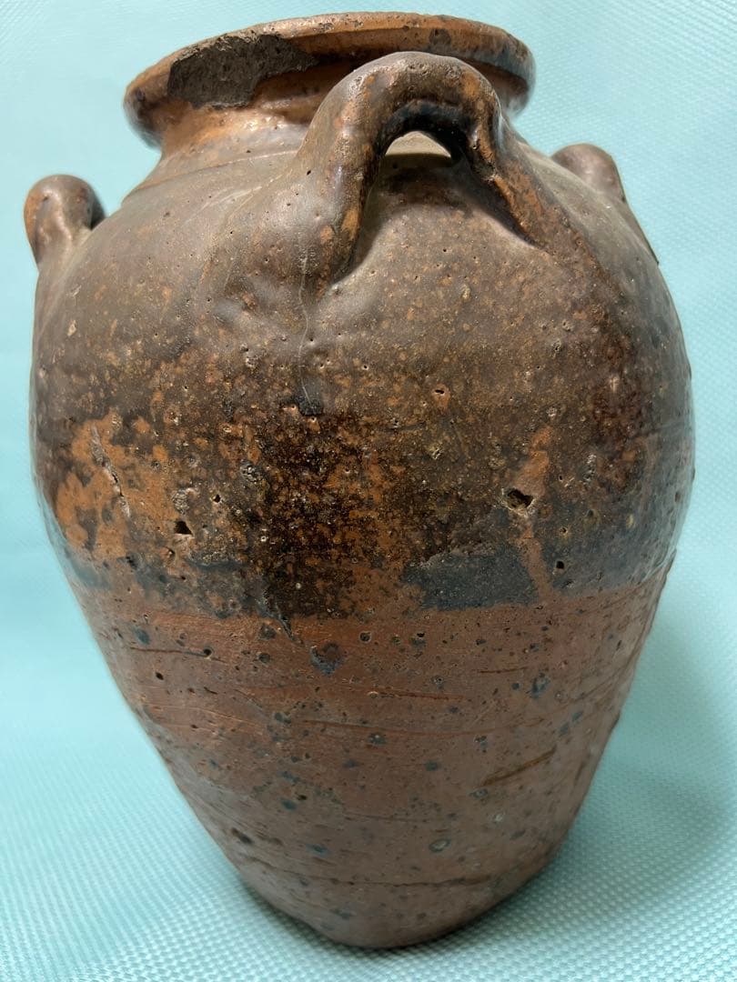 中国明朝（青釉 四耳壺）陶器 骨董品 時代物 高さ24cm解体整理品現状品のみ