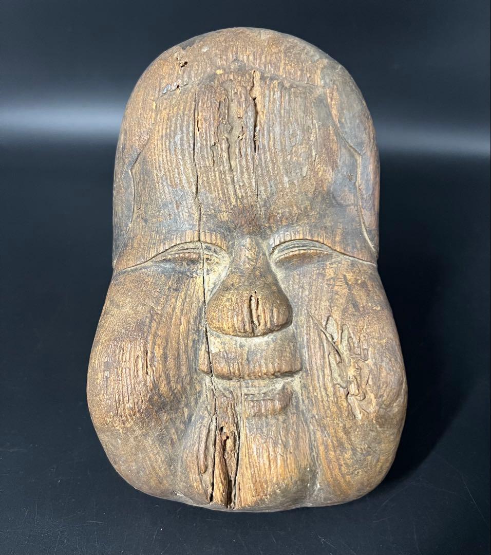 古美術庵々◎江戸時代 木彫 おかめ（阿亀）面 一木彫 民間信仰彫刻