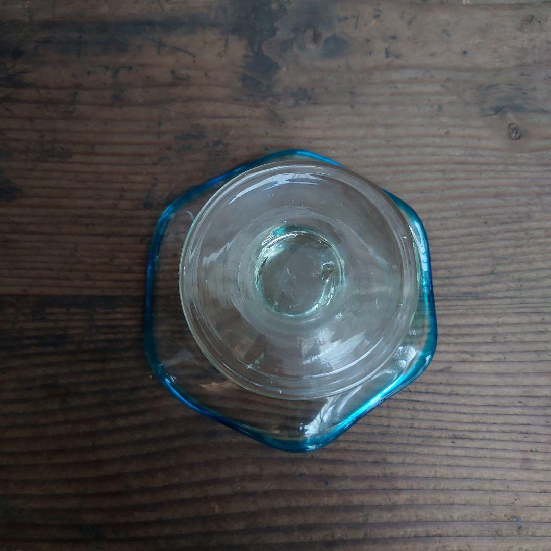 ご成約】水色 花縁 碗形 氷コップとガラス匙、プレス皿 骨董の