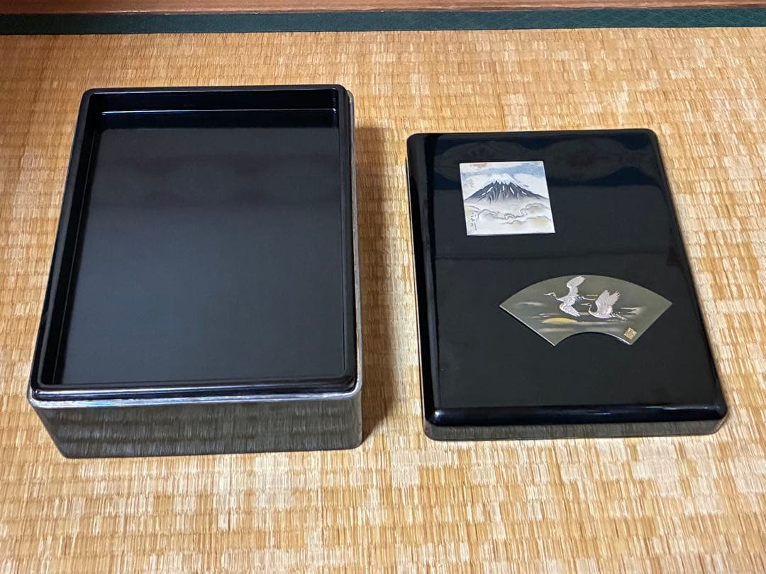漆器 重箱 銀細工 富士山と鶴の絵柄 文箱 三越謹製 作家物 共箱