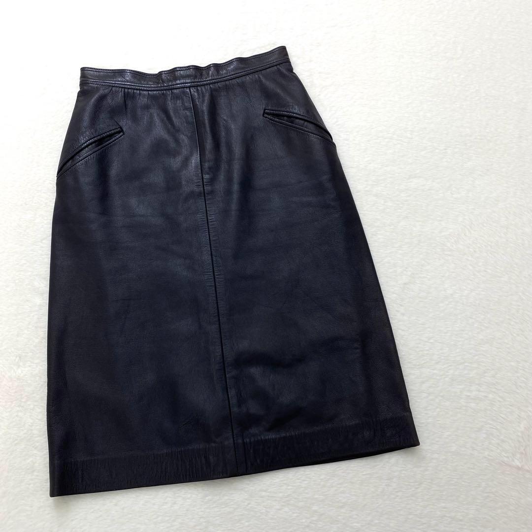 希少✨ロエベ　ラムレザー　スカート　M　シャドーロゴ　金ボタン　アナグラム　黒