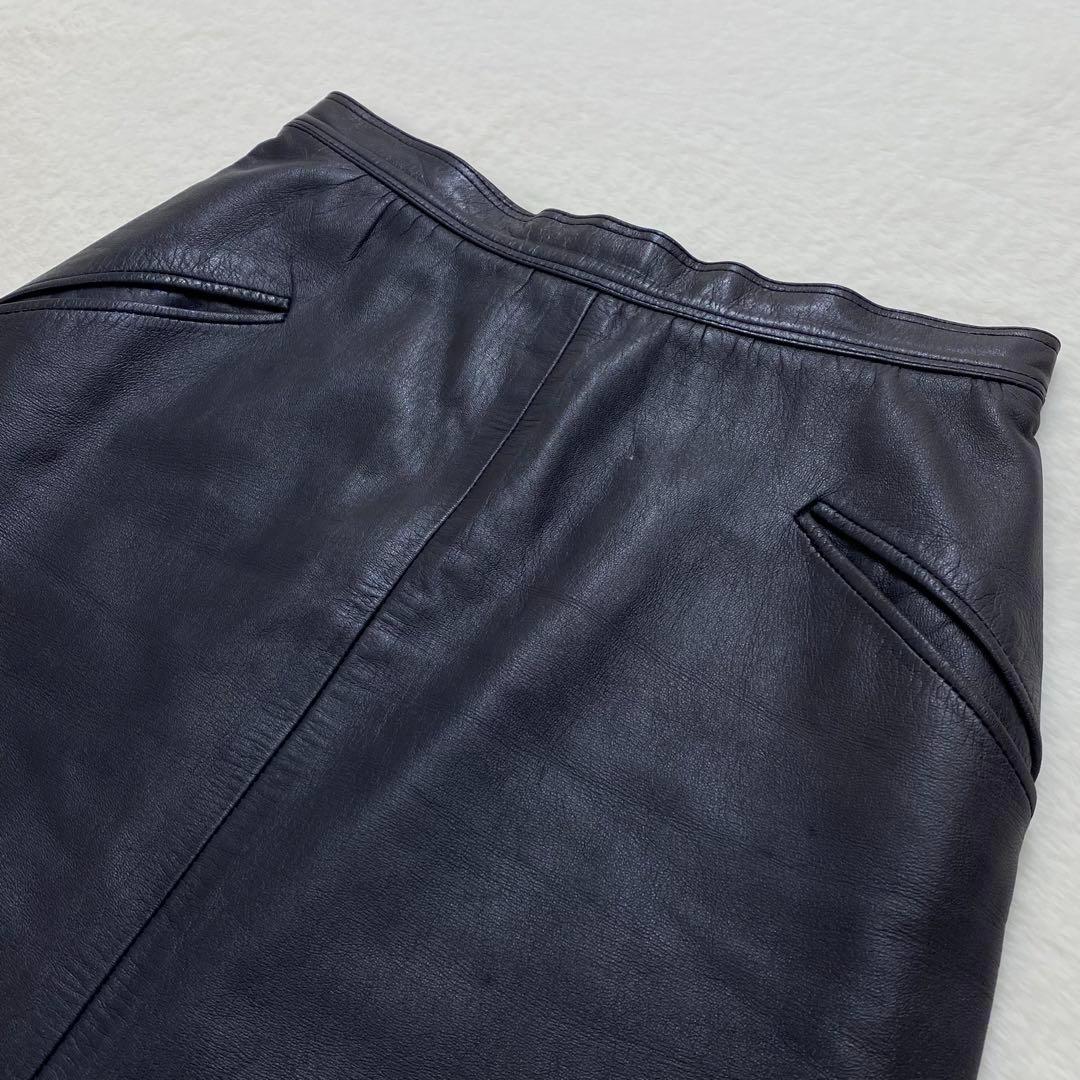 希少✨ロエベ　ラムレザー　スカート　M　シャドーロゴ　金ボタン　アナグラム　黒