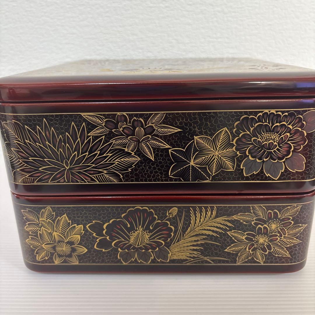 輪島塗 二段重箱 溜め塗内朱 四季草花沈金蒔絵