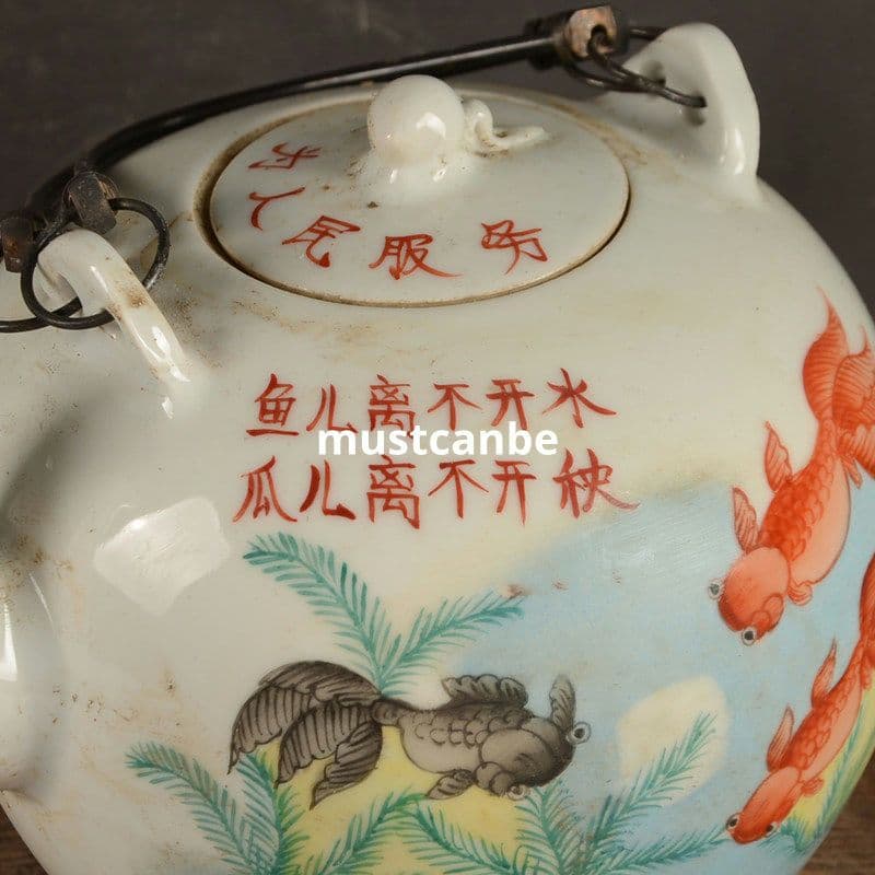 景徳鎮 陶磁器 手描きパステル魚提梁湖 茶壺 煎茶器 装飾品 現代工芸品