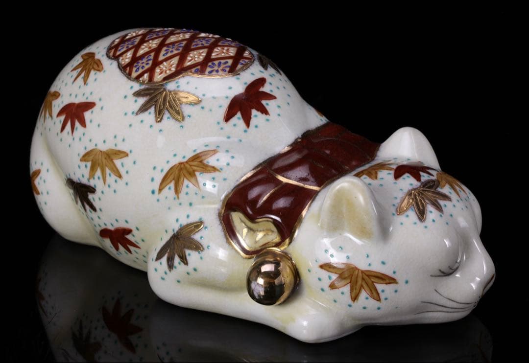 h*a様 【希少・美品】九谷焼 招き猫 眠り猫 金彩色絵 紅葉文 縁起物 骨董品