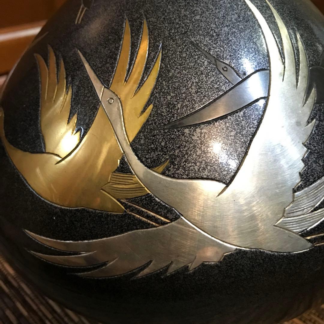 ☆ 鶴の彫刻壺 花器 骨董 銅製壺 アンティーク 銅器壺