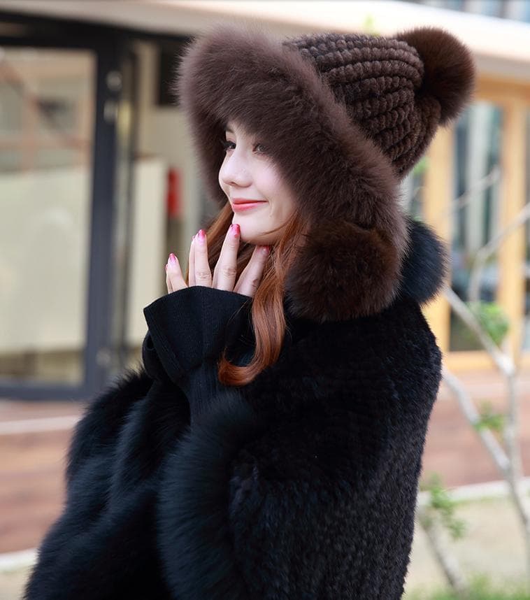 新品限定◇フォックスとミンク編みこみ帽子 ◇ポンポン付き/茶◇毛皮