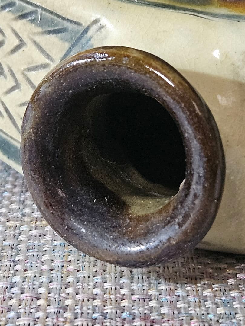 古作品】古琉球　沖縄　壺屋焼　やちむん　獣面　無銘　陶器製　抱瓶　三日月型酒器