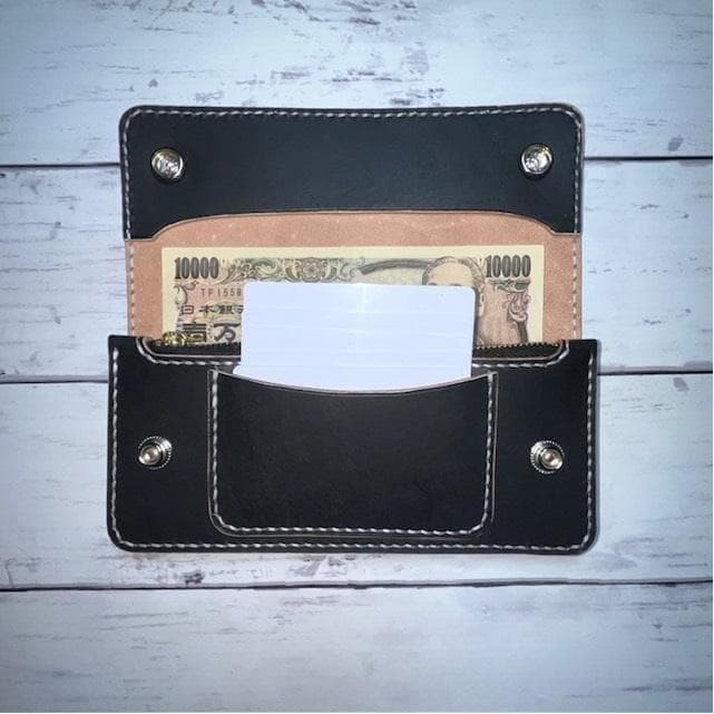 あ、 ロングトラッカーウォレット/姫路レザー茶芯黒色/ステッチ白色