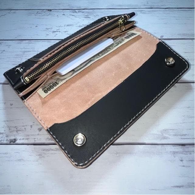 あ、 ロングトラッカーウォレット/姫路レザー茶芯黒色/ステッチ白色