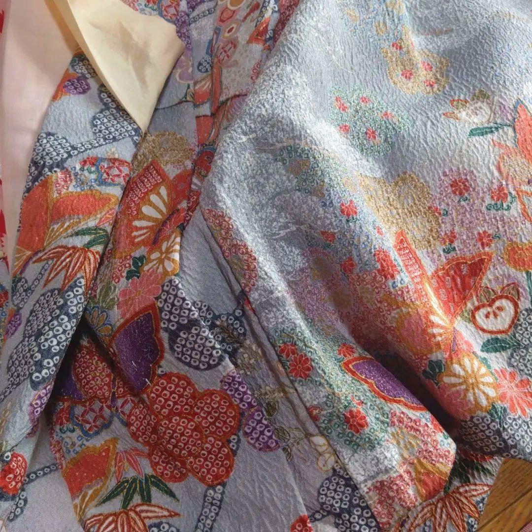 上品レトロレアカラー★ちりめん古典グレー★着物帯他小物フルセット